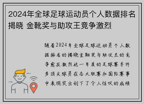 2024年全球足球运动员个人数据排名揭晓 金靴奖与助攻王竞争激烈